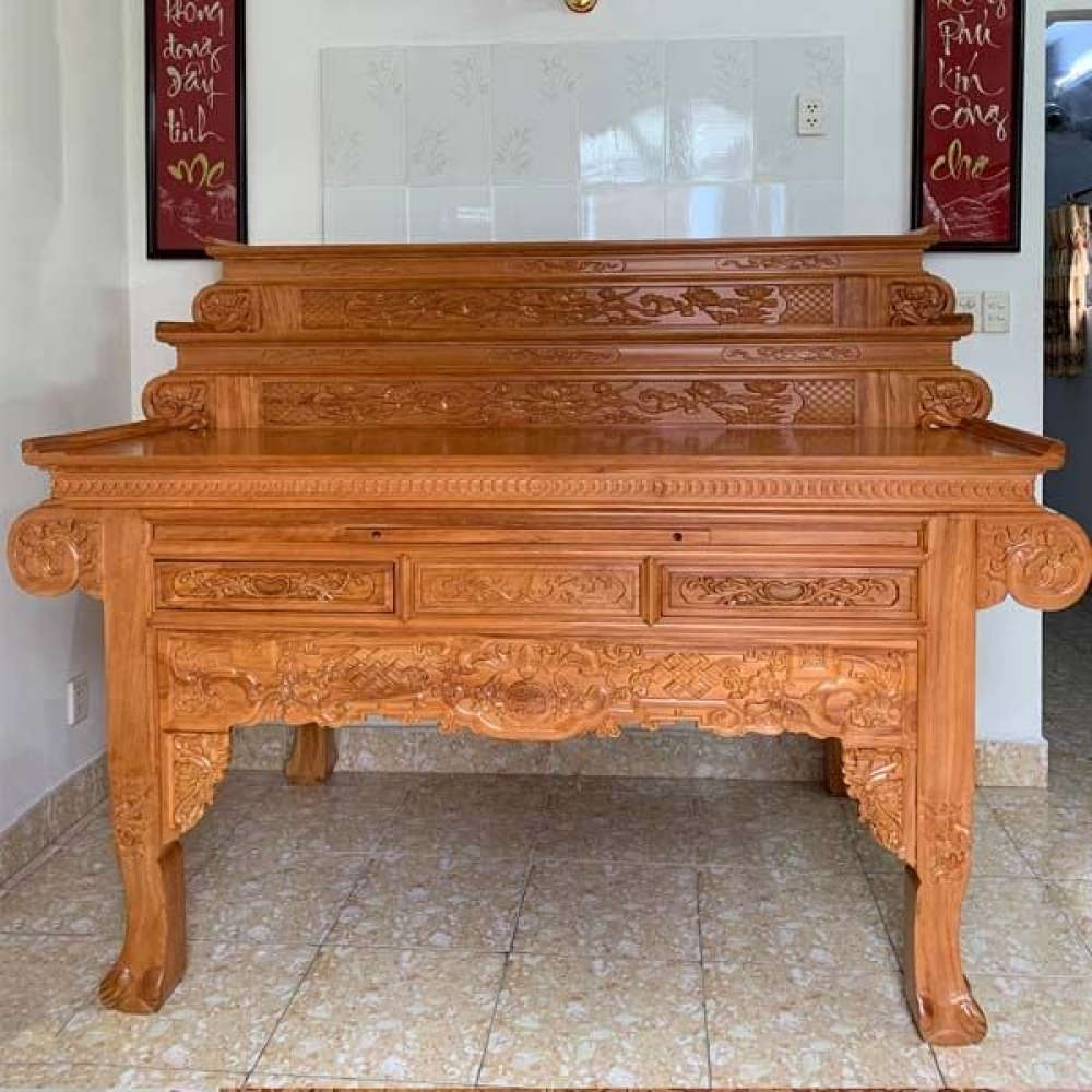 Bàn thờ gia tiên gỗ gõ đỏ 3 tầng tay cuốn