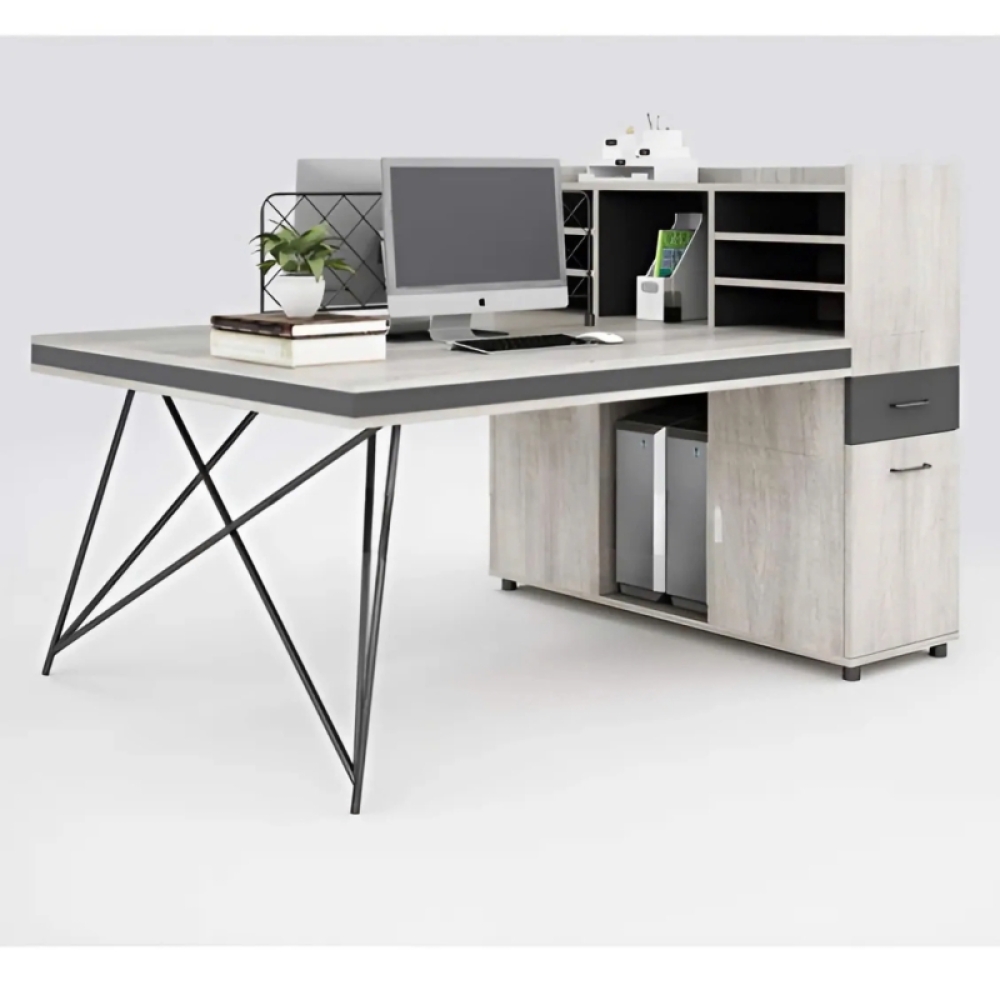 Cụm Bàn Làm Việc 2 Chỗ Chân Sắt Chéo Có Tủ Phụ Và Kệ Lưu Trữ – BC73