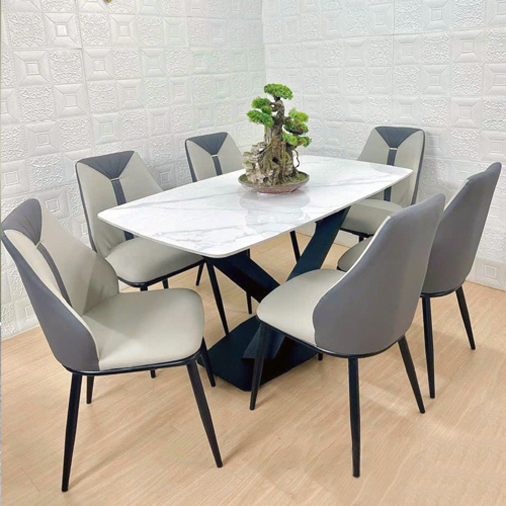 Bộ bàn ăn mặt đá 6 ghế bọc da- Mã: T179-16-6×2512