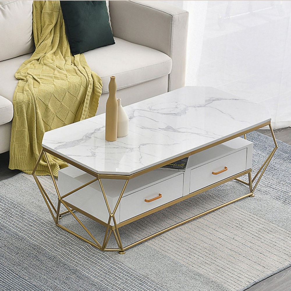 Bàn trà sofa kim loại mặt đá trắng có ngăn kéo 05