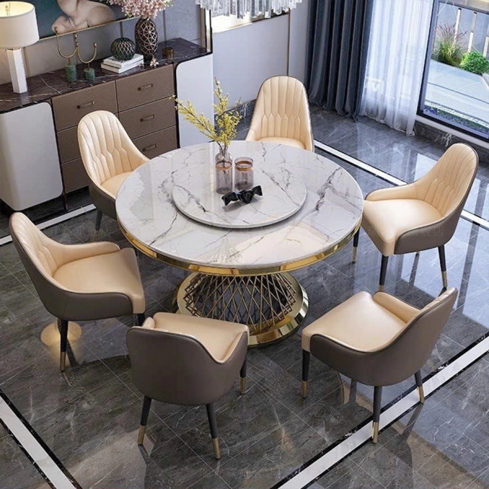 Bộ bàn ăn tròn xoay mặt đá 6 ghế nhập khẩu- Mã: T1113-6×284