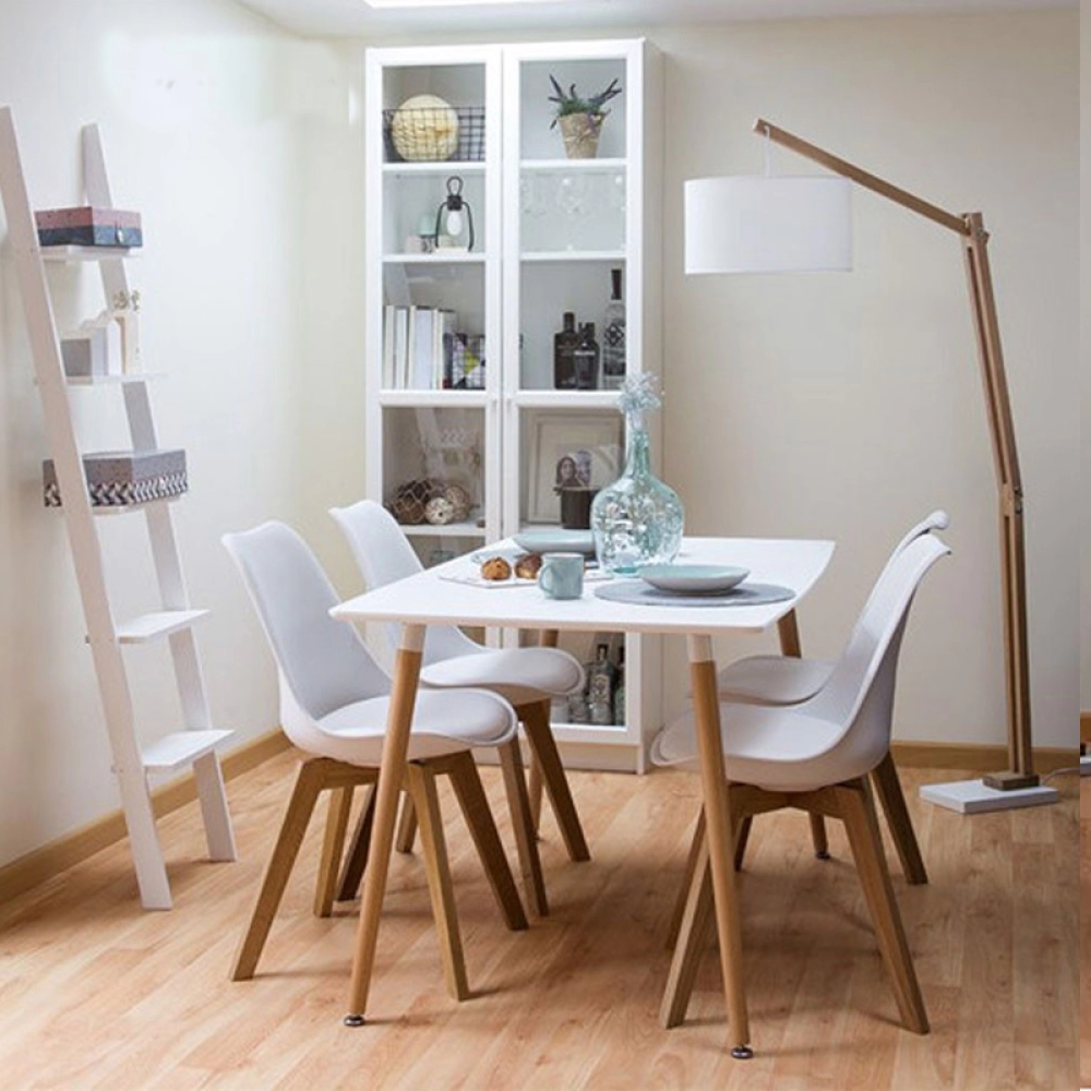 Bộ bàn ăn, cafe cho 4 người gồm bàn T108 0.8×1.2×0.75m và 4 ghế eames nhựa lót nệm chân gỗ 205