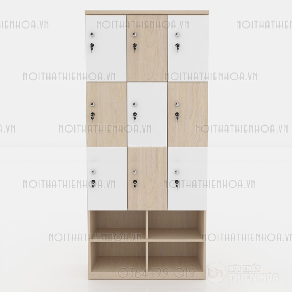 Tủ locker gỗ 9 cánh 3 khoang LKG9C3K-T-Kệ giày