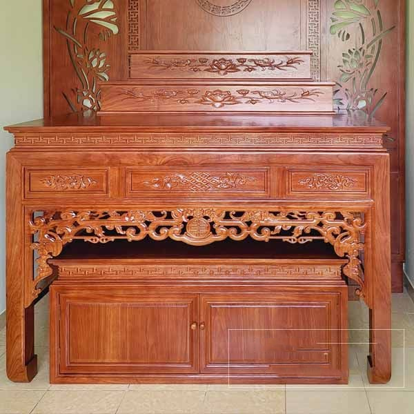 Bàn thờ gỗ gõ đỏ 3 tầng mẫu triện dơi
