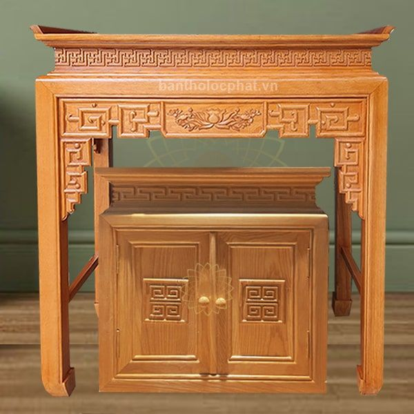 Bàn thờ gỗ sồi hoa sen kèm tủ