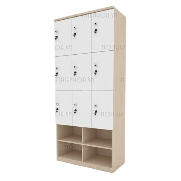 Tủ locker gỗ 9 cánh 3 khoang LKG9C3K-T-Kệ giày