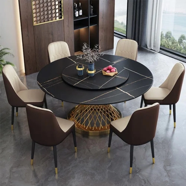 Bộ bàn ăn tròn 6 ghế mặt đá xoay- Mã: T1113-6x284E