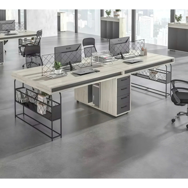 Cụm Bàn Làm Việc 4 Nhân Viên Có Hộc Tủ Và Kệ Sắt Tiện Lợi – BC70