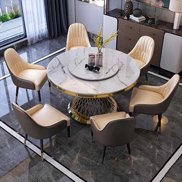 Bộ bàn ăn tròn xoay mặt đá 6 ghế nhập khẩu- Mã: T1113-6×284