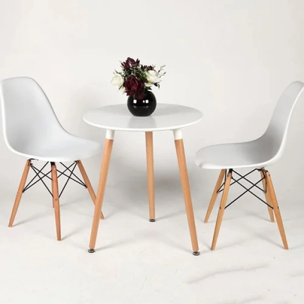 Bộ bàn ăn, cafe hiện đại 2 ghế ngồi gồm bàn tròn T105 và ghế cafe nhựa chân gỗ 207