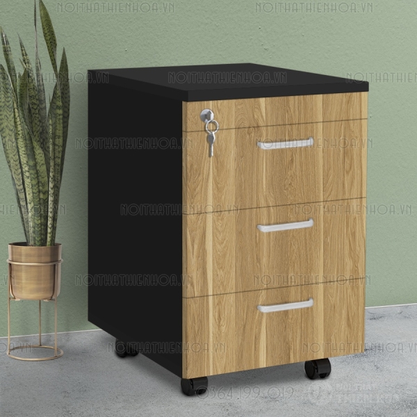 Tủ thấp bánh xe văn phòng đen phối vân gỗ