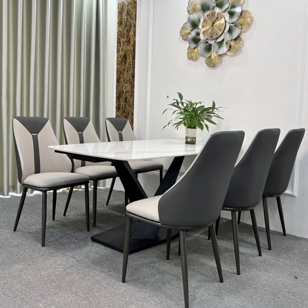 Bộ bàn ăn mặt đá 6 ghế bọc da- Mã: T179-16-6×2512