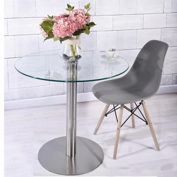 Bàn cafe tiếp khách mặt kính chân trụ inox – Mã : T114K