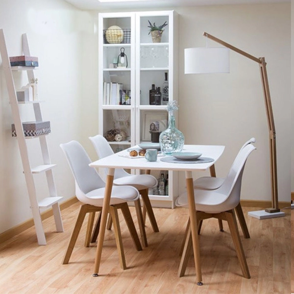 Bộ bàn ăn, cafe cho 4 người gồm bàn T108 0.8×1.2×0.75m và 4 ghế eames nhựa lót nệm chân gỗ 205