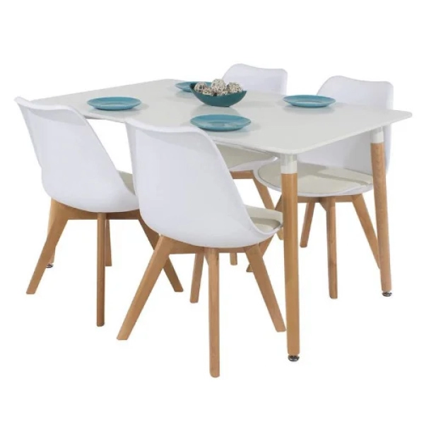 Bộ bàn ăn, cafe cho 4 người gồm bàn T108 0.8×1.2×0.75m và 4 ghế eames nhựa lót nệm chân gỗ 205