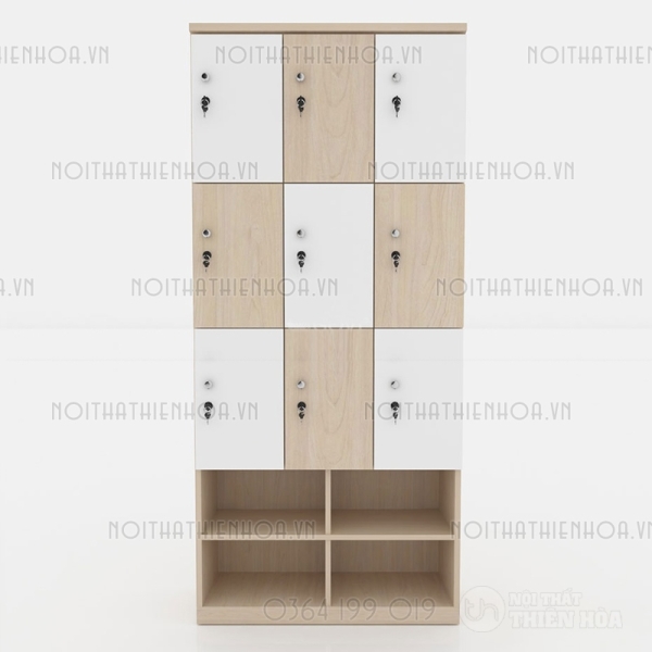 Tủ locker gỗ 9 cánh 3 khoang LKG9C3K-T-Kệ giày