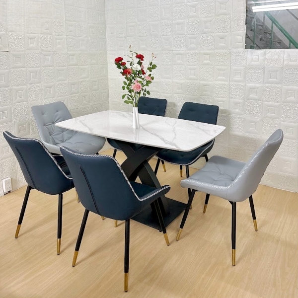 Bàn ăn mặt đá ceramic chân thép sơn tĩnh điện- Mã: T1146