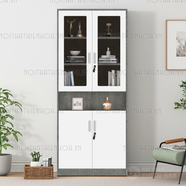 Tủ tủ sách trang trí tủ văn phòng trắng phối ghi