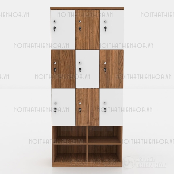 Tủ locker gỗ 9 cánh 3 khoang LKG9C3K-T-Kệ giày